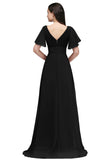 A Line Poet Sleeves Ruffle Chiffon V-Neck Long Bridesmaid Dress