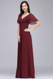 A Line Poet Sleeves Ruffle Chiffon V-Neck Long Bridesmaid Dress