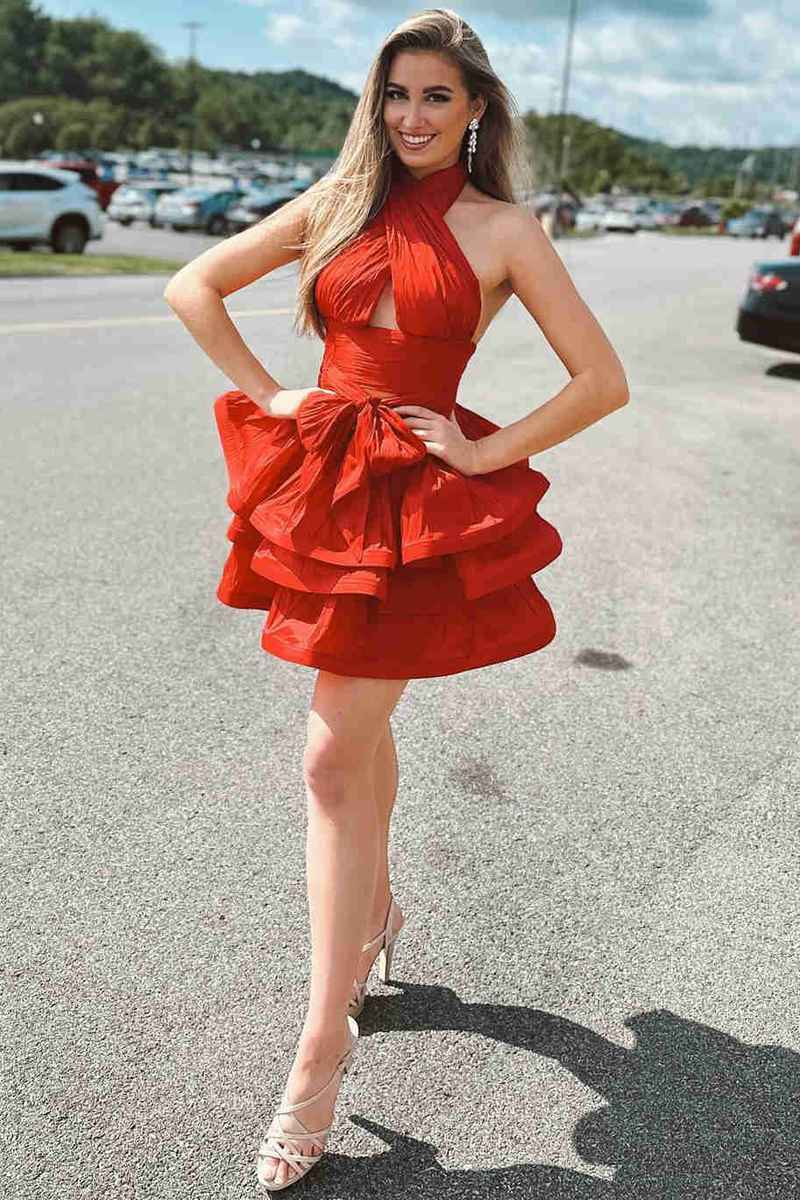 A-Line Red Halter Ruffle Short Party Dress