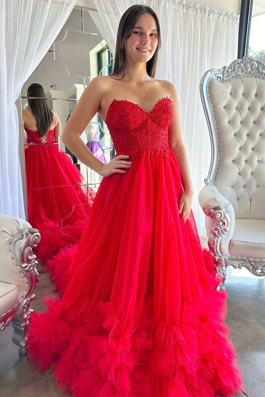 A-Line Red Sweetheart Corset Ruffle Prom Dress