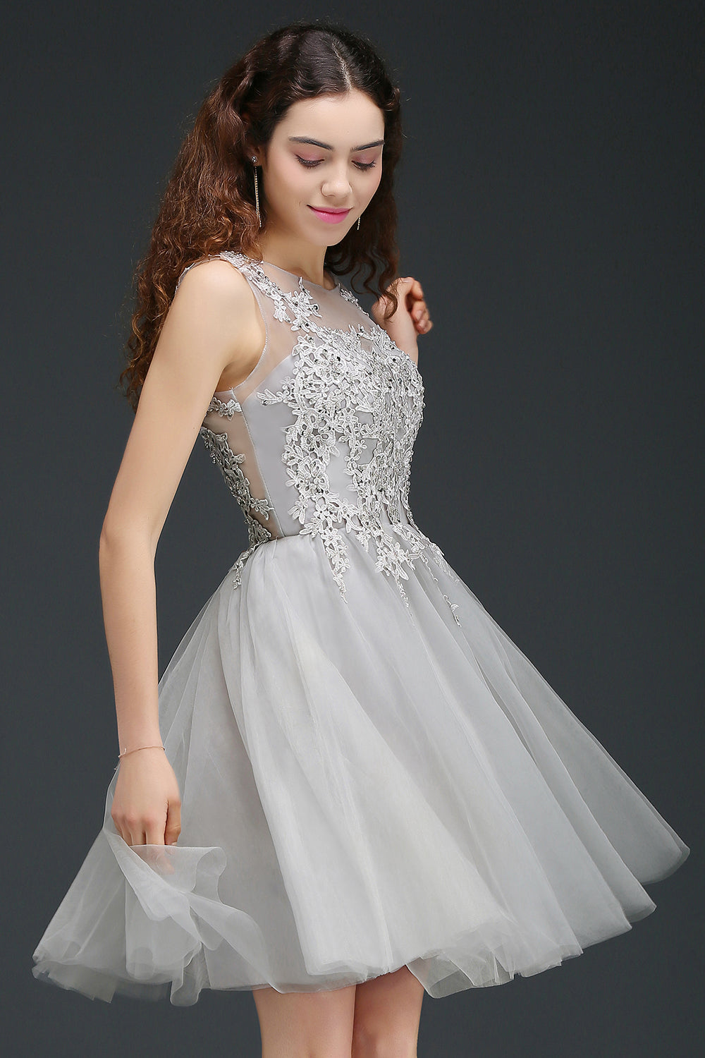 A line Round Neck Tulle Lace Mini Bridesmaid Dress with Appliques Lace