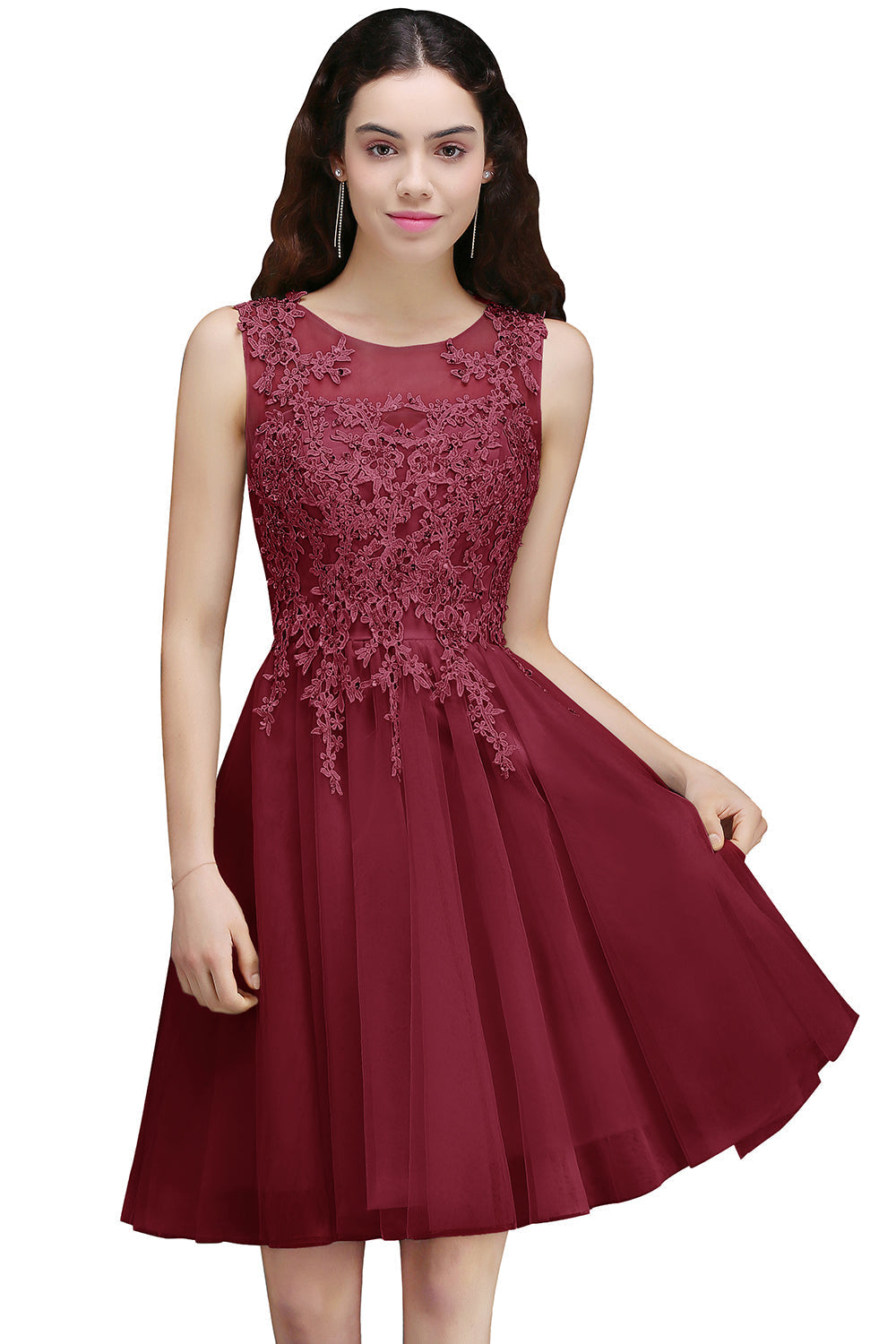 A line Round Neck Tulle Lace Mini Bridesmaid Dress with Appliques Lace