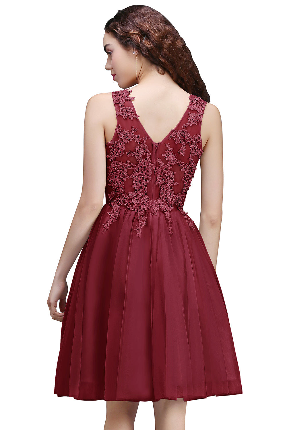 A line Round Neck Tulle Lace Mini Bridesmaid Dress with Appliques Lace