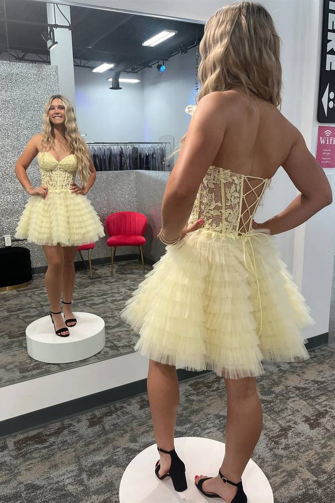 A-Line Ruffled Yellow Strapless Corset Short Homecoming Dress