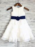 A-line Scoop Neck Chiffon Woven Satin Ankle-length Tiered Flower Girl Dress