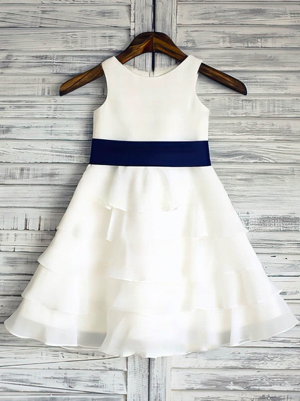 A-line Scoop Neck Chiffon Woven Satin Ankle-length Tiered Flower Girl Dress