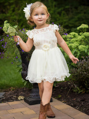 A-Line Scoop Neck Lace Organza Short/Mini Sashes/Ribbons Flower Girl Dress