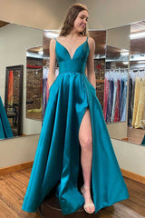 A-Line Side Slit Teal Long Prom Dress with Pockets