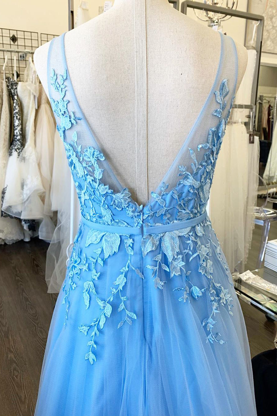 A-Line Sky Blue Lace Appliqued Long Prom Dress