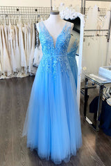 A-Line Sky Blue Lace Appliqued Long Prom Dress