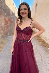 A-Line Spaghetti Straps Plum Beaded Long Prom Dress