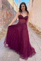 A-Line Spaghetti Straps Plum Beaded Long Prom Dress