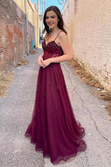 A-Line Spaghetti Straps Plum Beaded Long Prom Dress