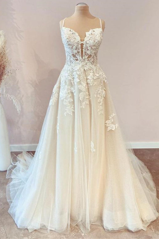 A-line Spaghetti-Straps Wedding Dress With Lace Appliques Tulle