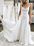 A-line Square Neckline Stretch Crepe Wedding Dress with Lace Sweep Train