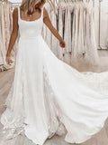 A-line Square Neckline Stretch Crepe Wedding Dress with Lace Sweep Train