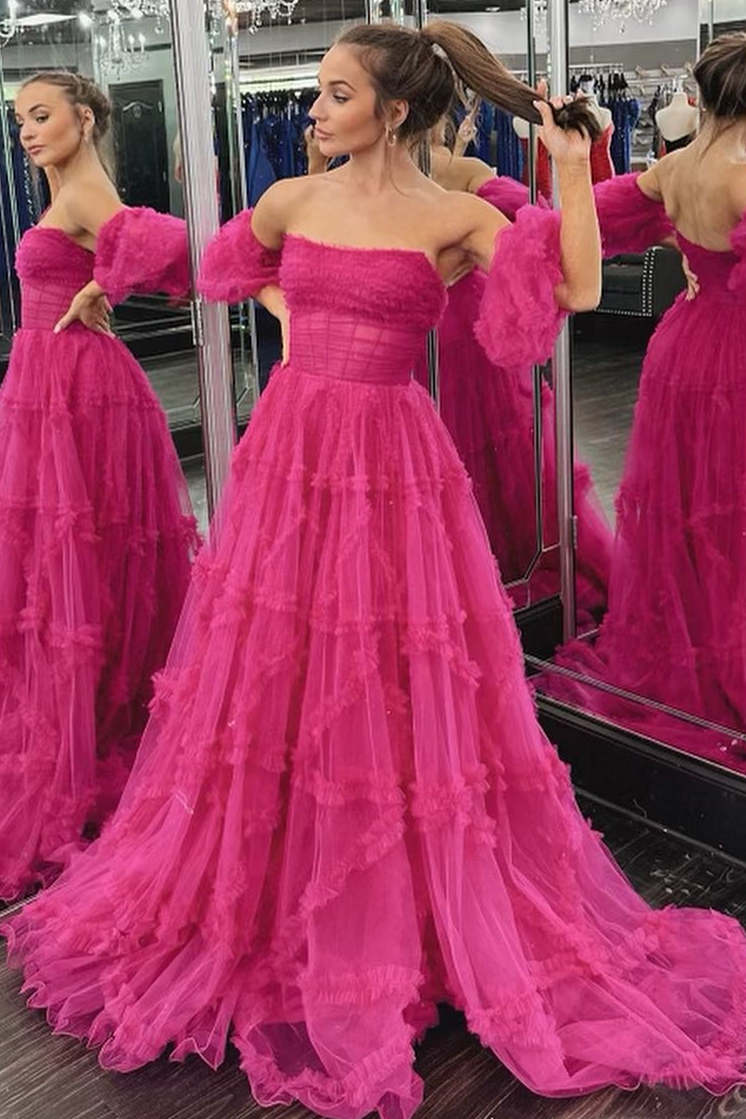 A-Line Strapless Fuchsia Corset Ruffled Long Prom Dress