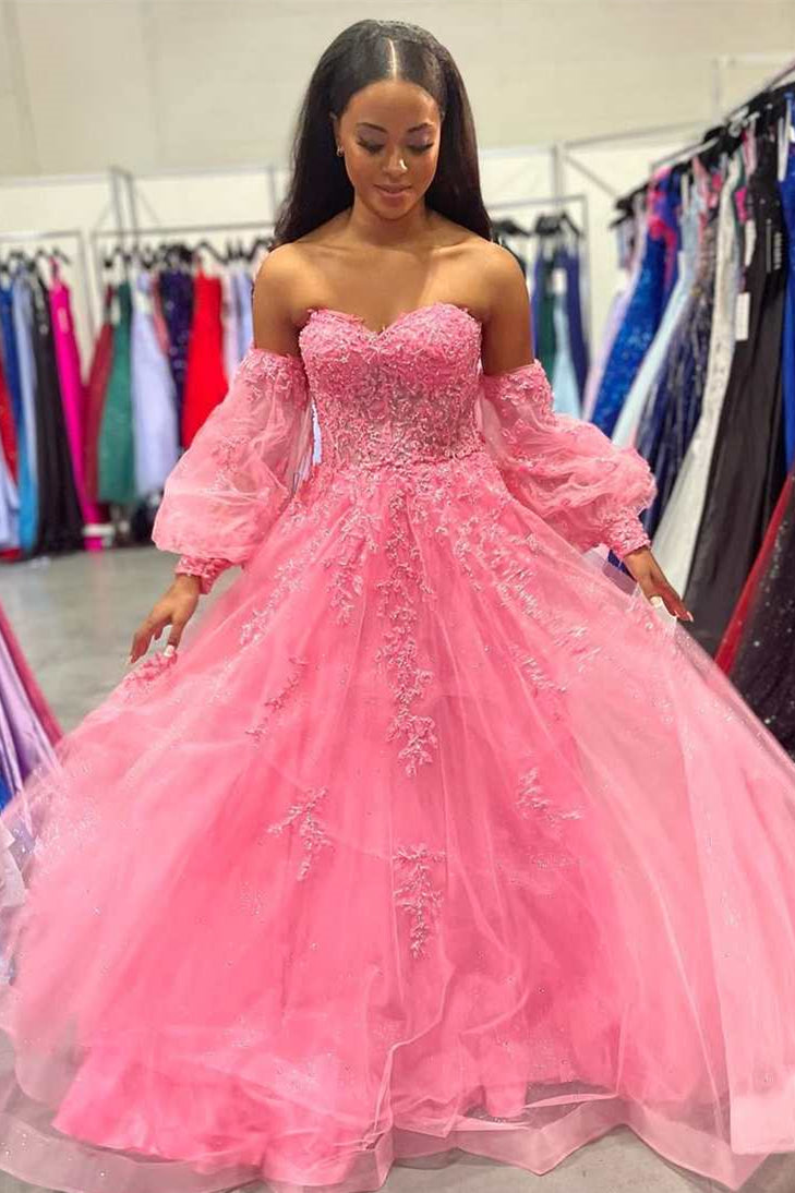 A-line Strapless Puff Long Sleeves Beaded Appliques Long Prom Dress