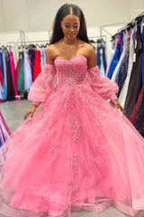 A-line Strapless Puff Long Sleeves Beaded Appliques Long Prom Dress