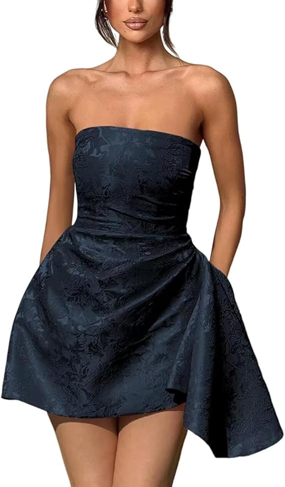 A-line Strapless Sleeveless Jacquard Satin Asymmetrical Lace up Short Homecoming Dress