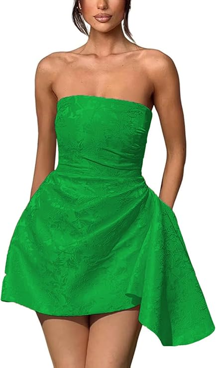 A-line Strapless Sleeveless Jacquard Satin Asymmetrical Lace up Short Homecoming Dress