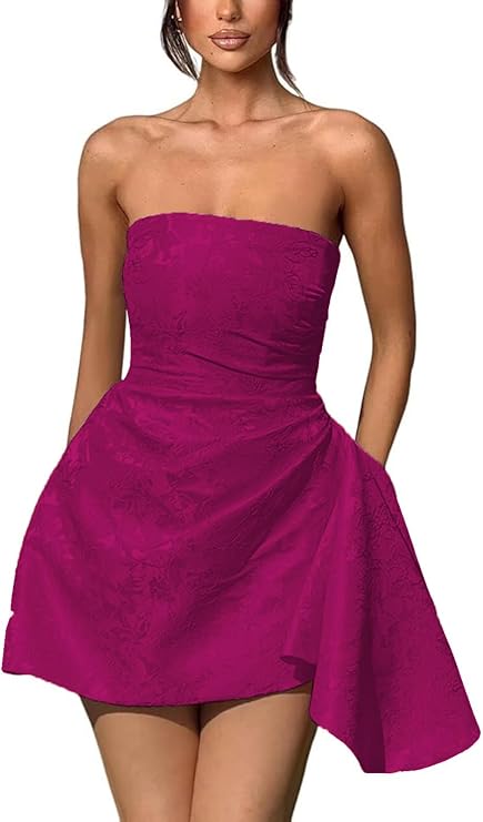 A-line Strapless Sleeveless Jacquard Satin Asymmetrical Lace up Short Homecoming Dress