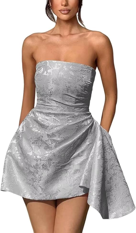 A-line Strapless Sleeveless Jacquard Satin Asymmetrical Lace up Short Homecoming Dress