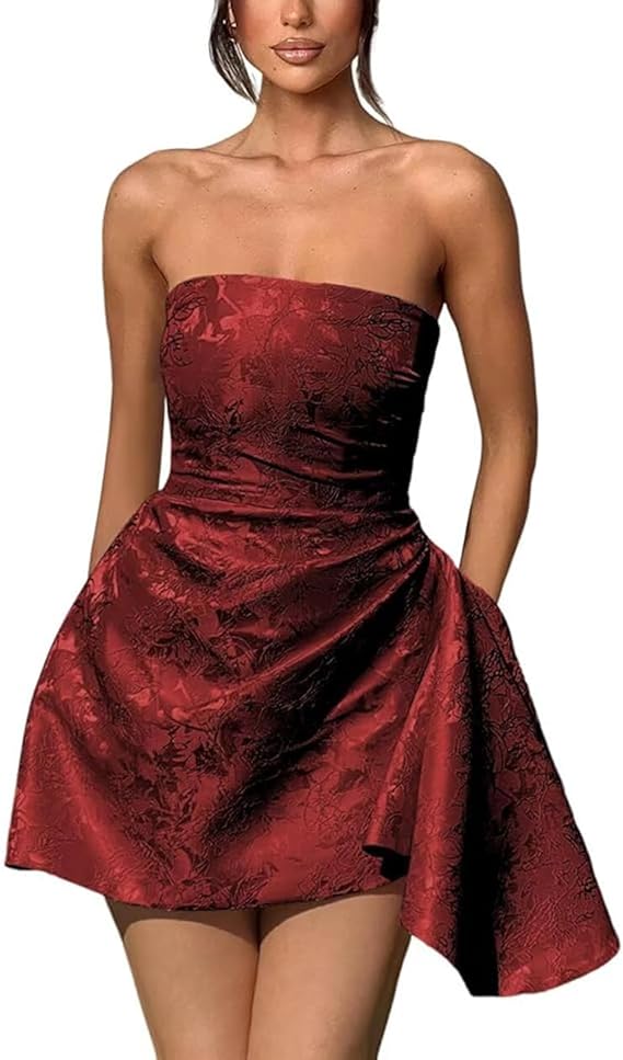 A-line Strapless Sleeveless Jacquard Satin Asymmetrical Lace up Short Homecoming Dress