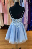 A-Line Straps Light Blue Appliques Short Homecoming Dress