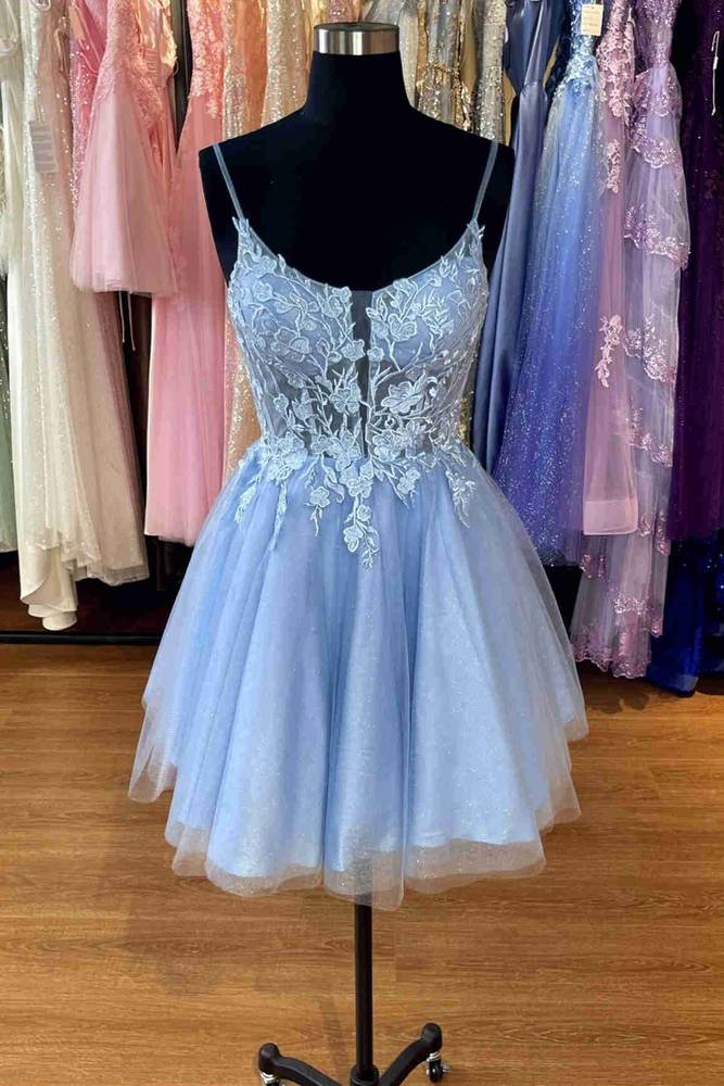 A-Line Straps Light Blue Appliques Short Homecoming Dress