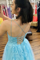 A-Line Straps Light Blue Long Prom Dress with Appliques