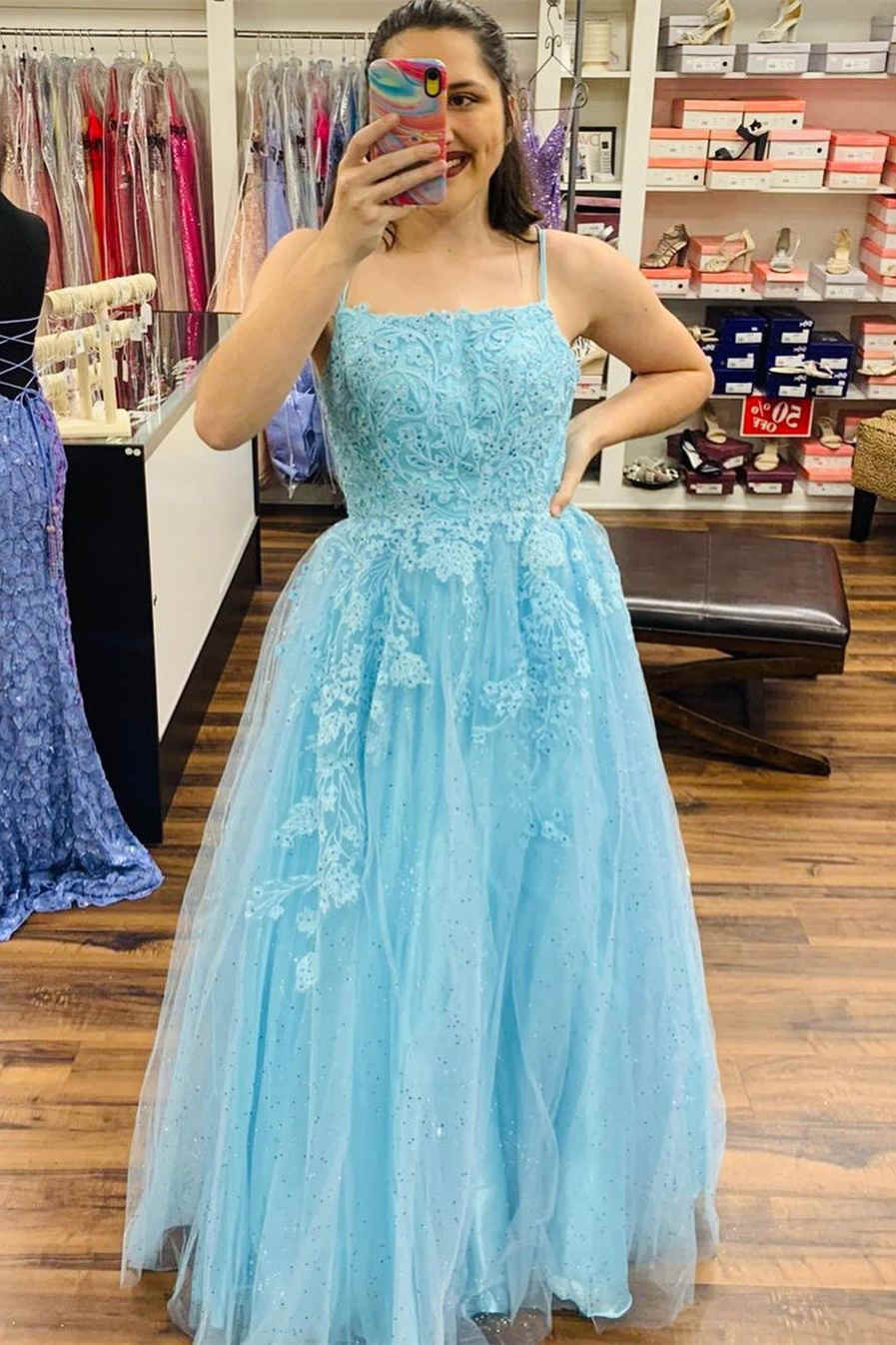 A-Line Straps Light Blue Long Prom Dress with Appliques