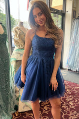 A-Line Straps Navy Blue Appliques Short Homecoming Dress