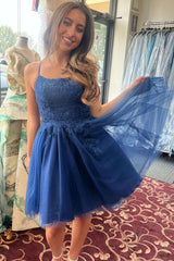 A-Line Straps Navy Blue Appliques Short Homecoming Dress