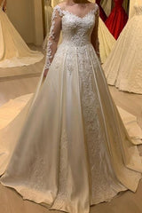 A-Line Sweetheart Wedding Dress Long Sleeve Pearl Satin With Appliques Lace