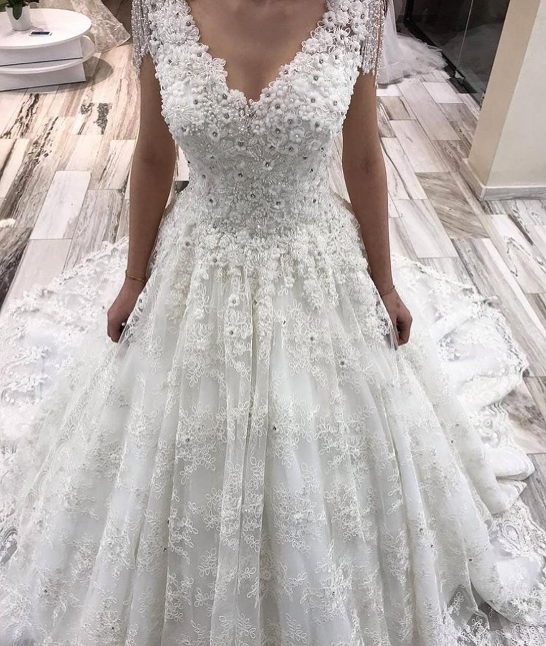 A-Line Tulle Off-the-Shoulder Long Wedding Dress With Lace Appliques