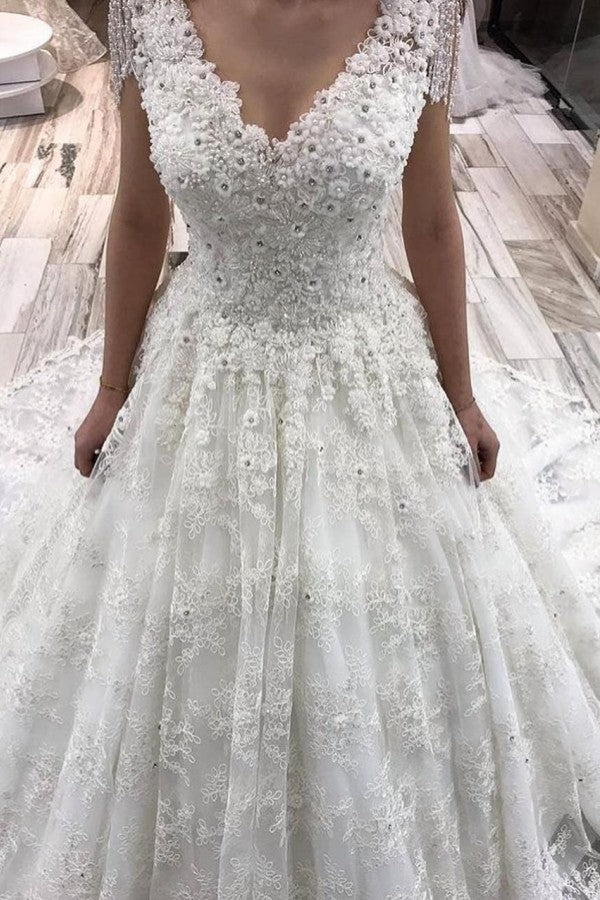 A-Line Tulle Off-the-Shoulder Long Wedding Dress With Lace Appliques