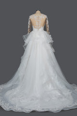 A-Line V-neck Hi-Lo Wedding Dress Open Back Ruffles Tulle With Appliques Lace