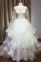 A-Line V-neck Hi-Lo Wedding Dress Open Back Ruffles Tulle With Appliques Lace