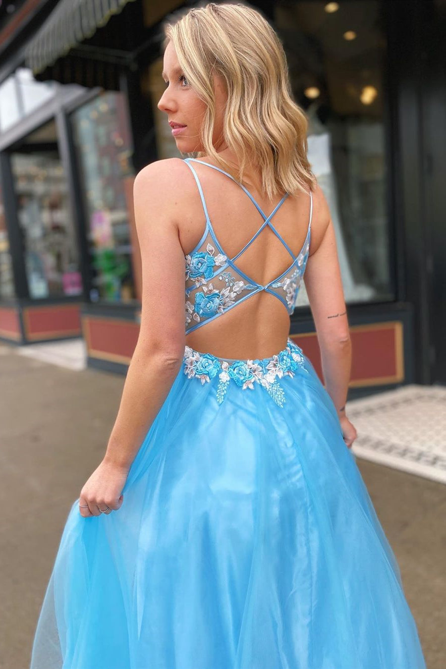 A-line V-Neck Lace Appliques Blue Long Prom Dress