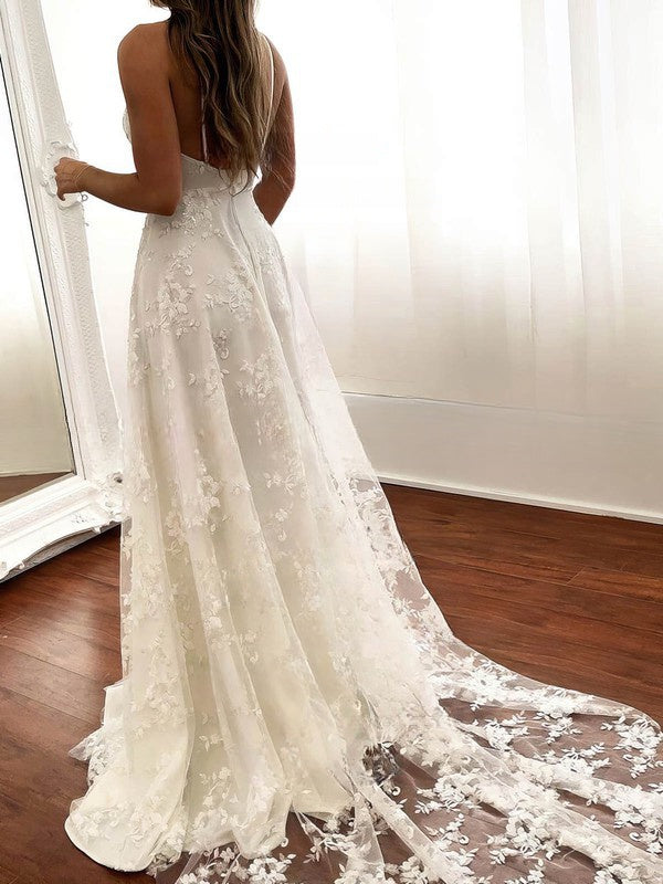 A-line V-neck Lace Wedding Dresses With Split Front and Sweep Train