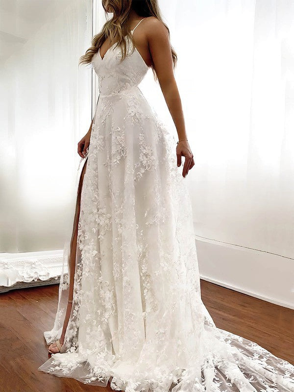 A-line V-neck Lace Wedding Dresses With Split Front and Sweep Train