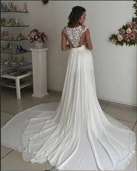 A-Line V-Neck Long Wedding Dress with Chiffon Lace and Slit