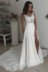 A-Line V-Neck Long Wedding Dress with Chiffon Lace and Slit