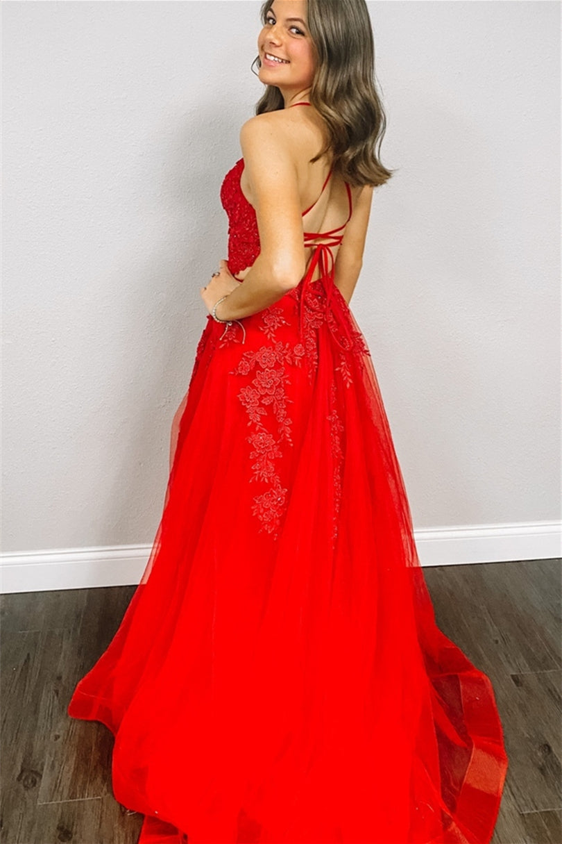 A-line V Neck Red Tulle Applique Long Prom Dress with Slit