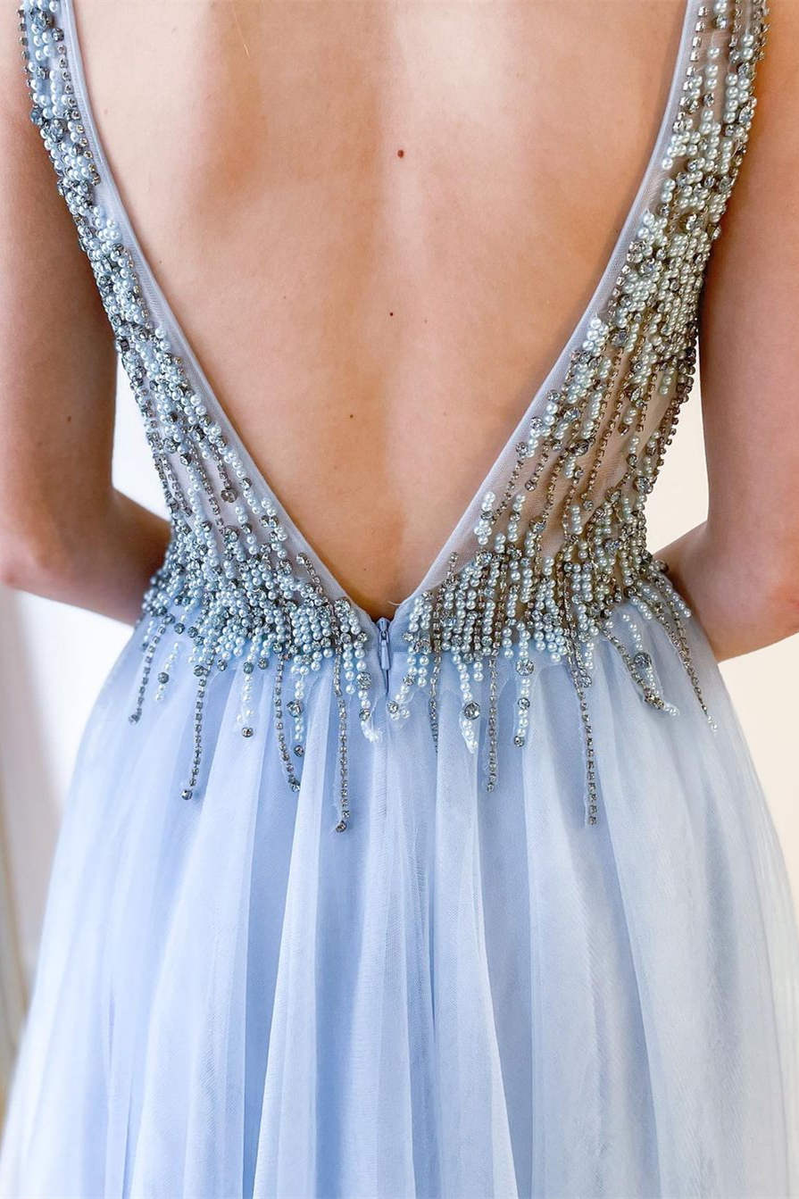 A-Line V-Neck Sky Blue Beaded Long Prom Dress