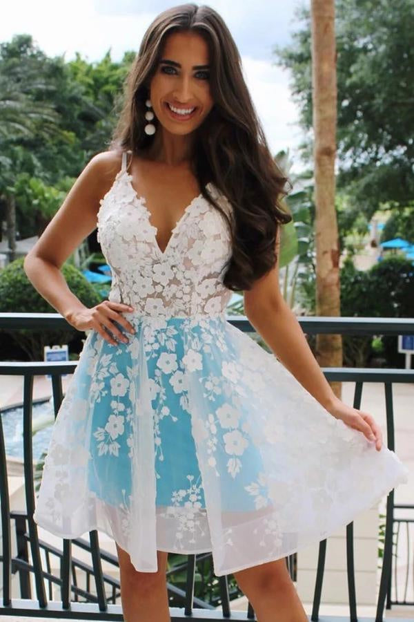 A-Line V-Neck Sky Blue Homecomig Dress with Appliques