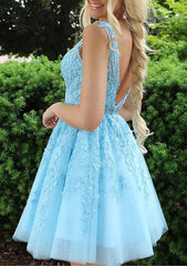 A-Line V-Neck Sleeveless Lace Tulle Homecoming Dress with Appliqued Beading - Babyonlines