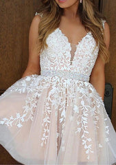 A-Line V-Neck Sleeveless Lace Tulle Homecoming Dress with Appliqued Beading - Babyonlines