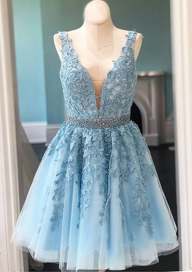 A-Line V-Neck Sleeveless Lace Tulle Homecoming Dress with Appliqued Beading - Babyonlines